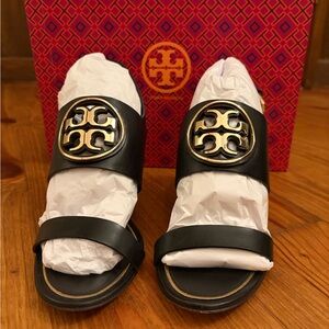 Tory Burch Black and Gold Wedges 8.5